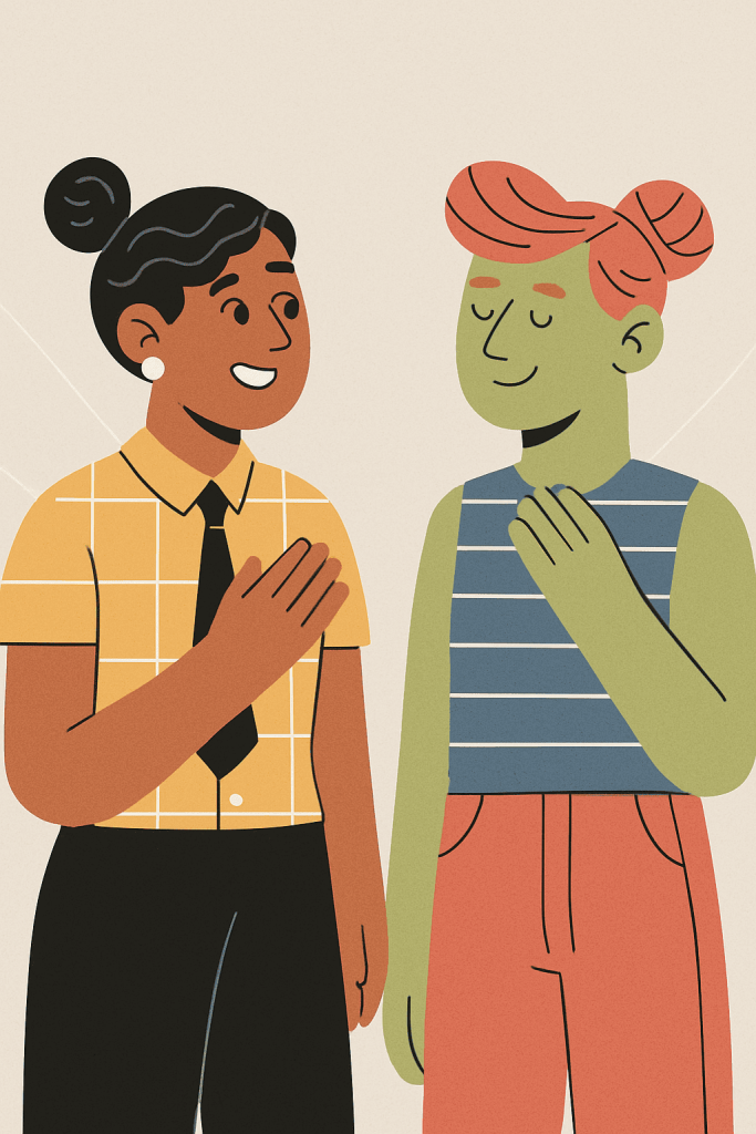 Illustration of two people in conversation, symbolizing engaging Hebrew lessons for small groups in companies and organizations. Ideal for promoting private Hebrew classes focused on spoken language, employee integration, and language confidence in the workplace.
