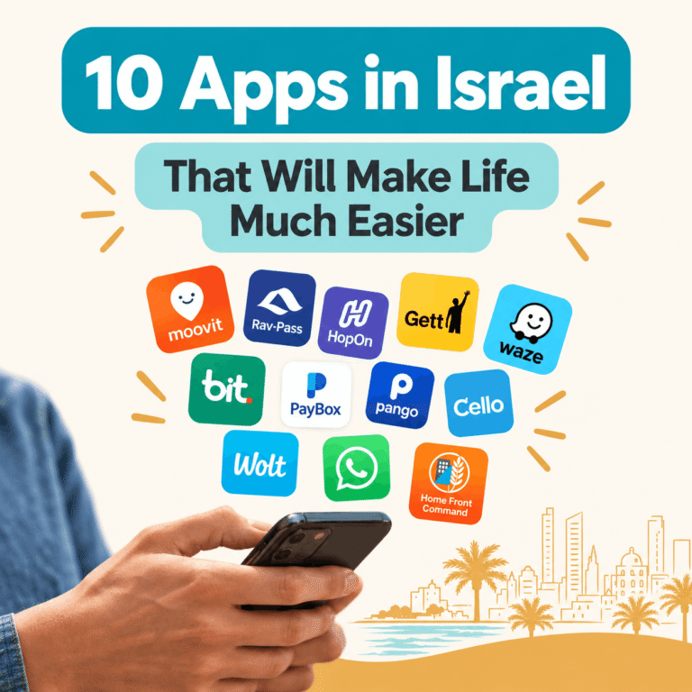 A guide to 10 useful apps in Israel for transportation, taxis, payments, parking, food delivery, communication, and emergency alerts.